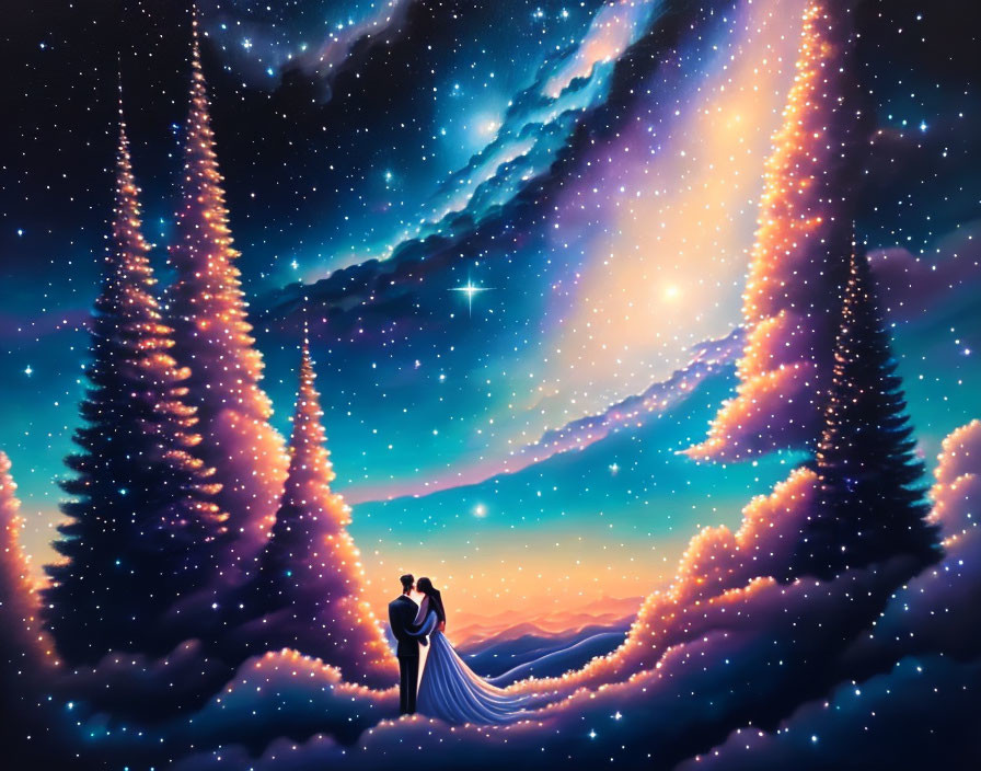 Couple Embracing Under Starry Night Sky and Pine Trees