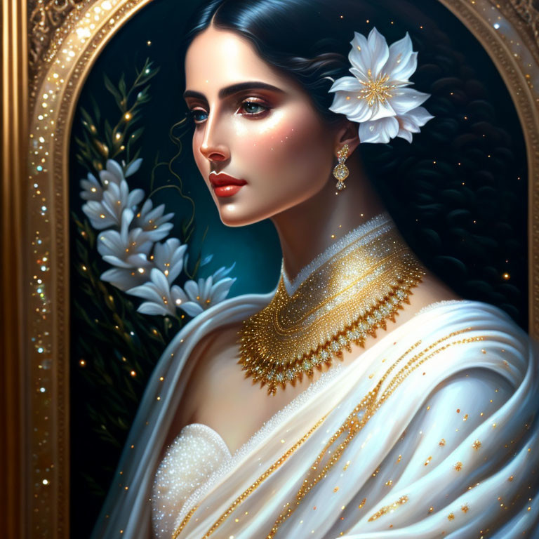 Woman in White Saree with Gold Embroidery and Jewelry Standing by Ornate Mirror