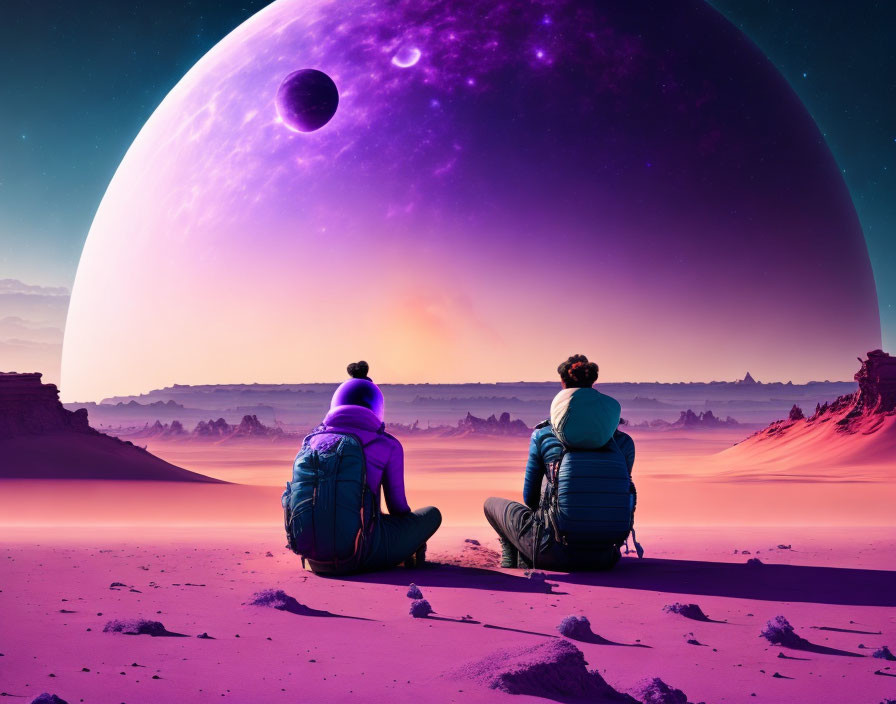 Two individuals admiring alien landscapes with giant purple planet and moon.