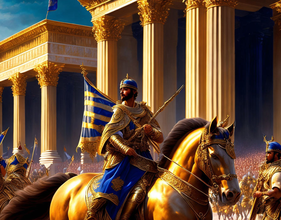 Digital artwork of Greek warrior on horse with spear and flag, soldiers in background