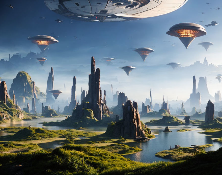 Futuristic landscape with greenery, rock formations, and flying vehicles