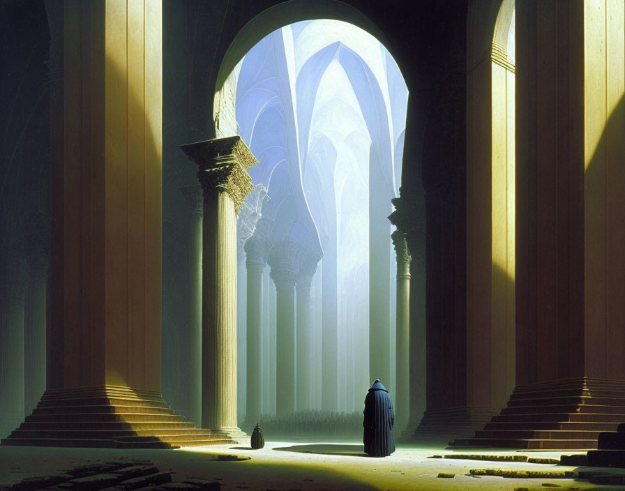 Solitary figure in grand, sunlit hall with columns and arches