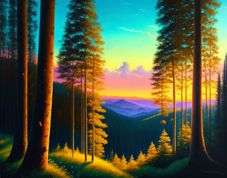 Colorful forest sunset painting with tall trees and layered mountains.