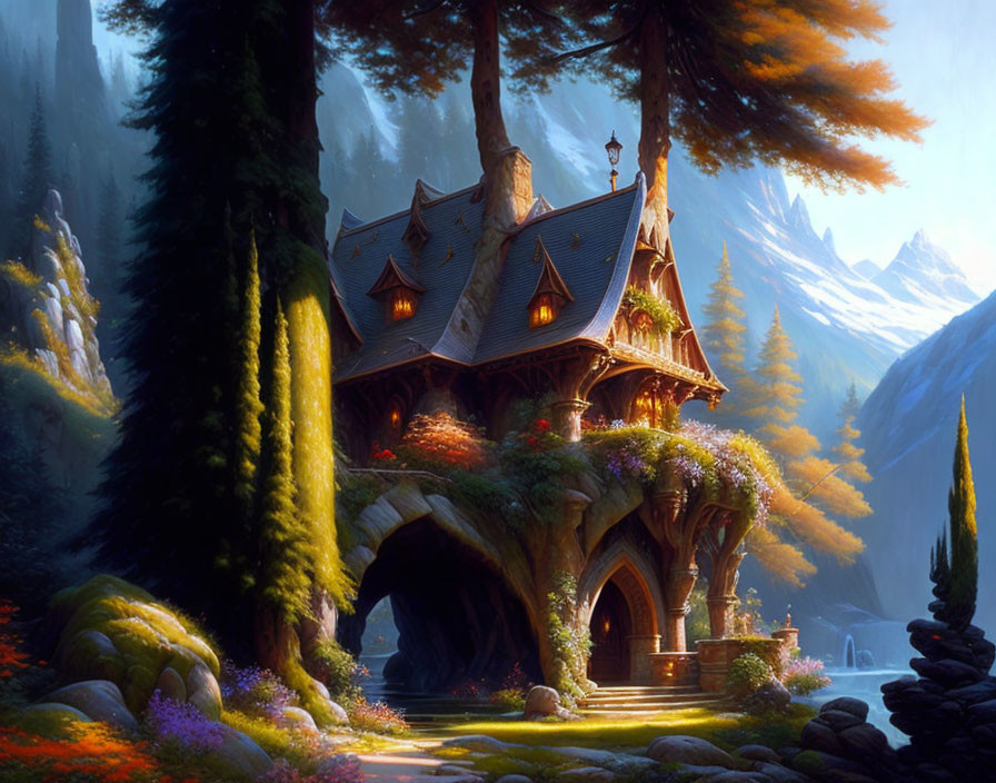 Forest scene with whimsical house, sunbeams, mountains.