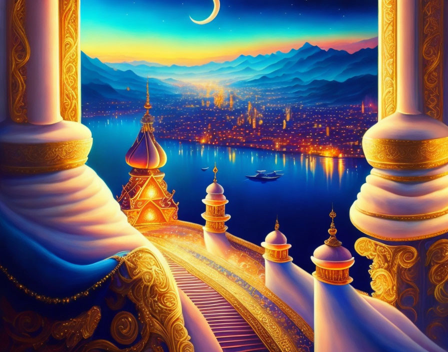 Fantastical Dusk Cityscape with Golden Columns and Glowing Waterfront