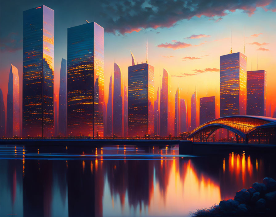 Modern city skyline with glass skyscrapers, river, and sunset glow