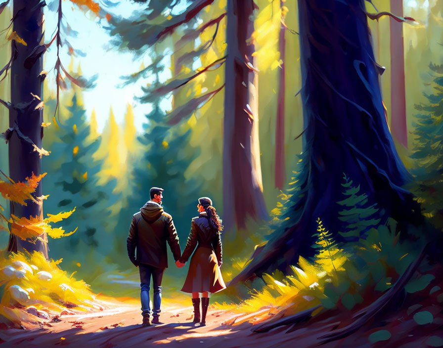 Couple walking in sunlit forest with autumn leaves