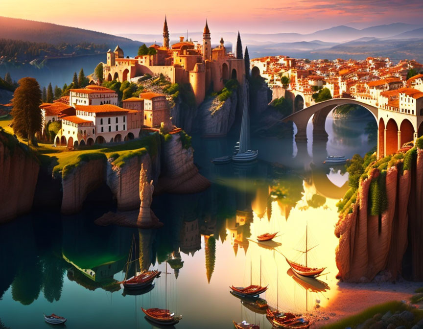 Majestic cliffs, reflective river, boats, bridges & picturesque village at sunrise or sunset