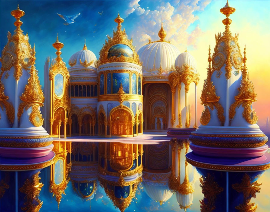 Golden palace with ornate domes and spires reflected in tranquil water under blue sky with birds