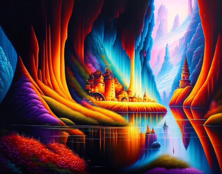 Colorful fantasy landscape with castles, cliffs, river, and boat