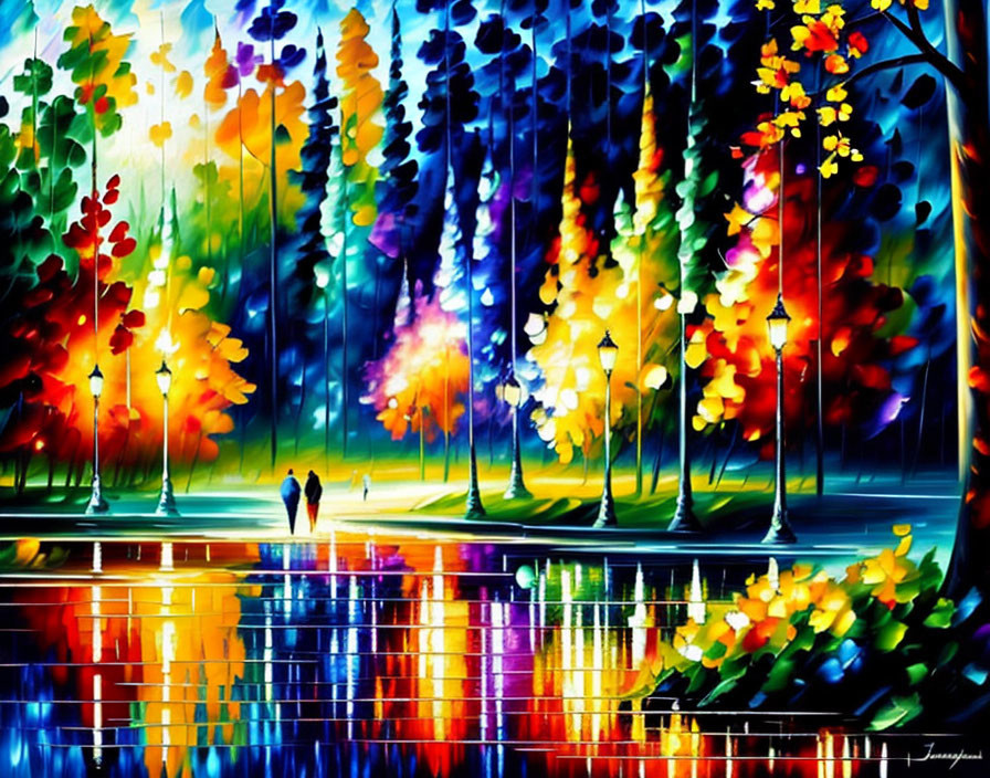 Colorful Painting of Couple Walking by Lamp Posts Amid Reflective Trees