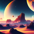 Surreal desert landscape with towering rock formations and oversized planets under orange-purple sky