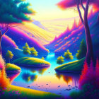 Colorful Landscape with Purple Skies, Pink and Blue Trees, Lake, Mountains