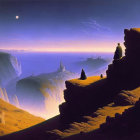 Surreal landscape with towering cliffs and spire-like formations at twilight