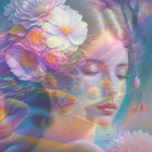 Vibrant artistic illustration of serene woman with flowing hair and flowers