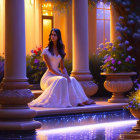 Woman in White Gown Contemplating Night Garden