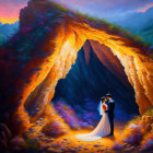 Embracing couple in vibrant cave with mystical landscape under twilight sky