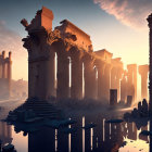 Classical columns and arches in tranquil water at sunrise