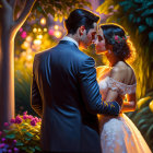 Romantic garden wedding embrace with warm lights and vibrant flowers