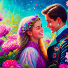 Colorful illustration: Smiling couple amid blooming flowers