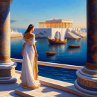 Ancient Greek woman on balcony overlooking serene harbor at sunset