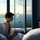 Man in classical room gazes at sea with ships, holding a book