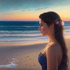 Woman in Blue Dress Watching Sunset by Ocean with Flowers in Hair