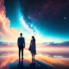 Couple holding hands under cosmic sky reflection