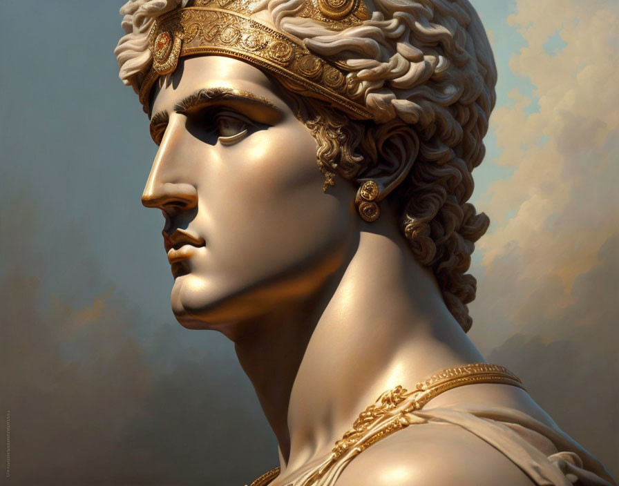 Classical sculpture digital artwork of male figure with ornate headgear and intricate hair details