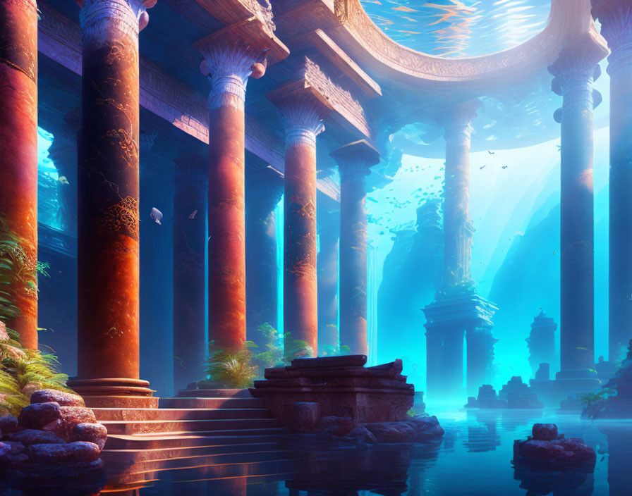 Underwater fantasy temple with towering columns and sunbeams in a tranquil blue ambiance