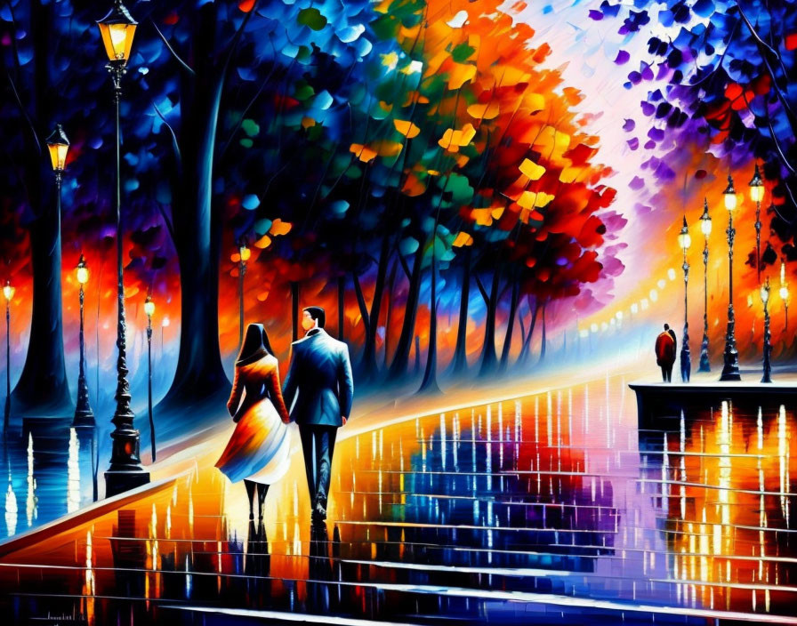 Colorful Twilight Scene: Couple Strolling on Wet Street