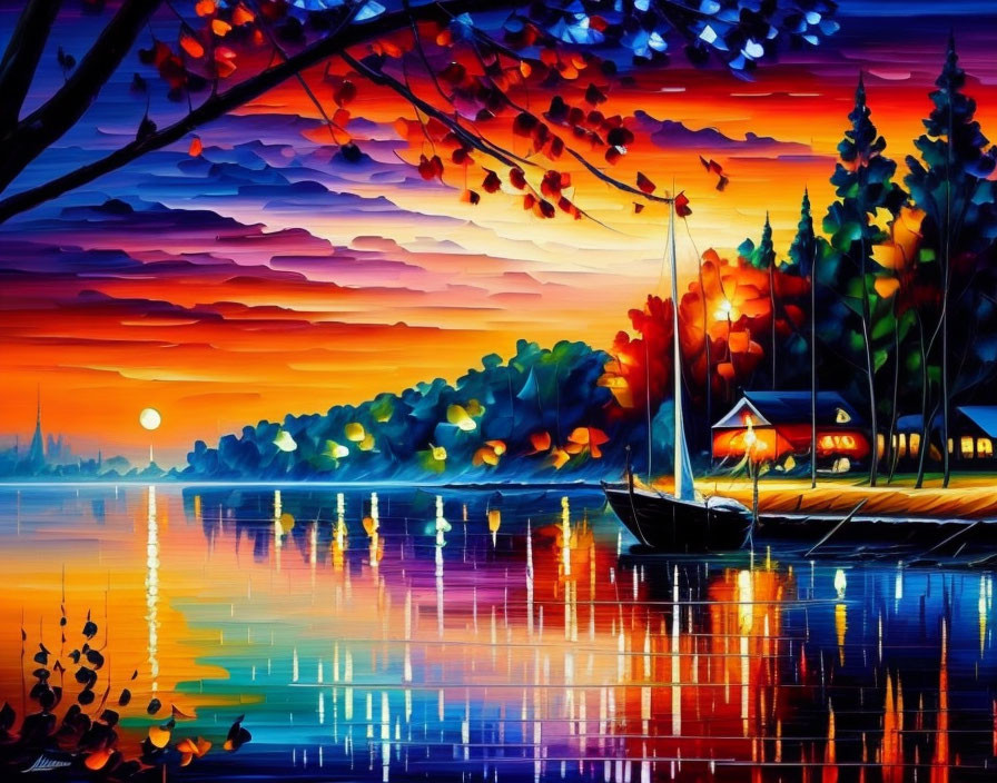 Colorful sunset painting of lake with boat, trees, cabin