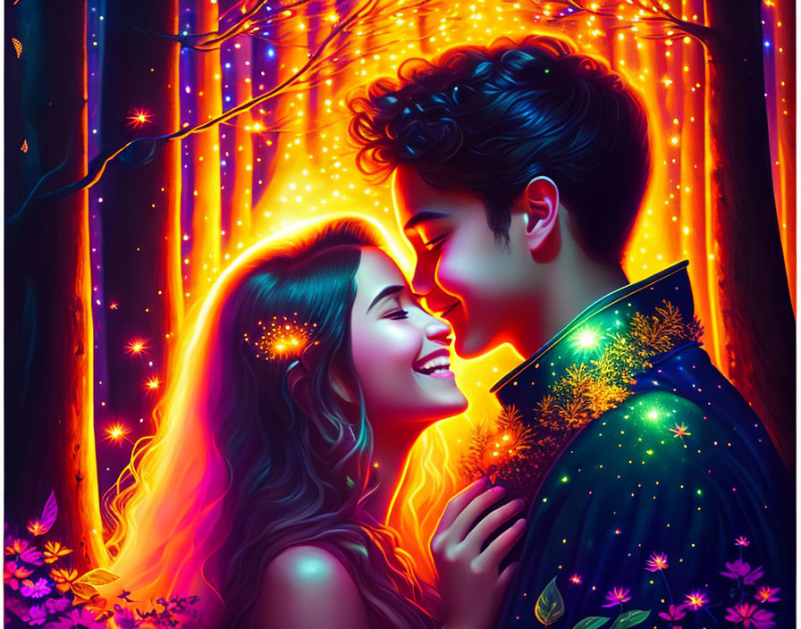 Romantic couple in neon-lit forest - Vibrant digital artwork