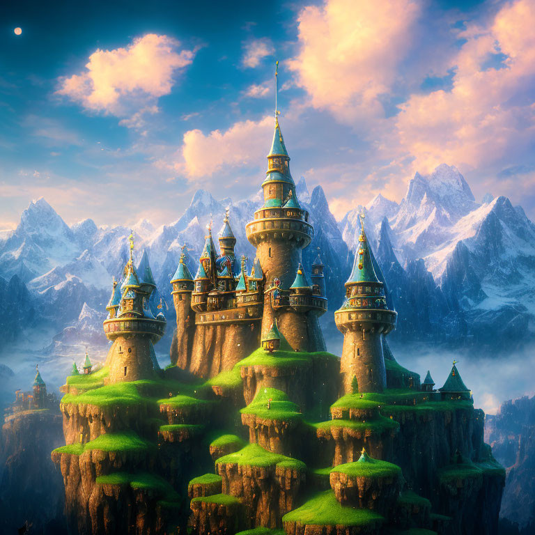 Enchanting castle on floating island with snow-capped mountains