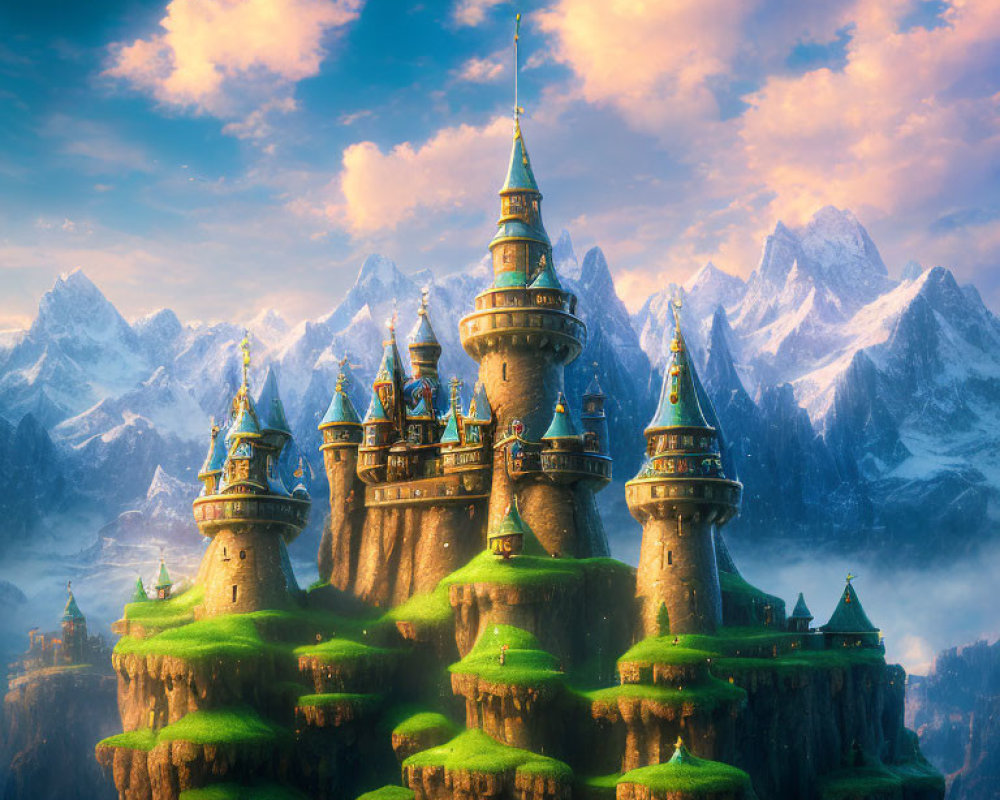 Enchanting castle on floating island with snow-capped mountains