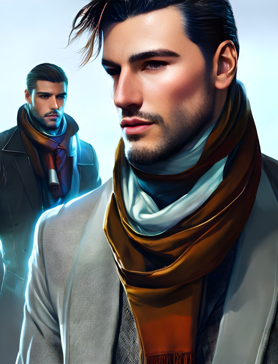 Two stylish men with scarves and jackets, one in foreground, one slightly translucent.