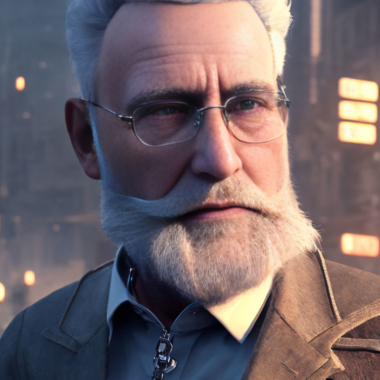 Elderly male with gray hair and beard in glasses and coat in dimly-lit setting