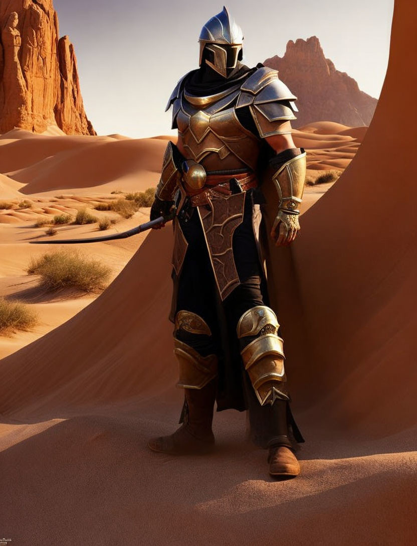 Knight in ornate armor standing in desert landscape