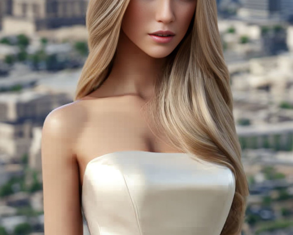 Blonde woman in cream dress against cityscape background