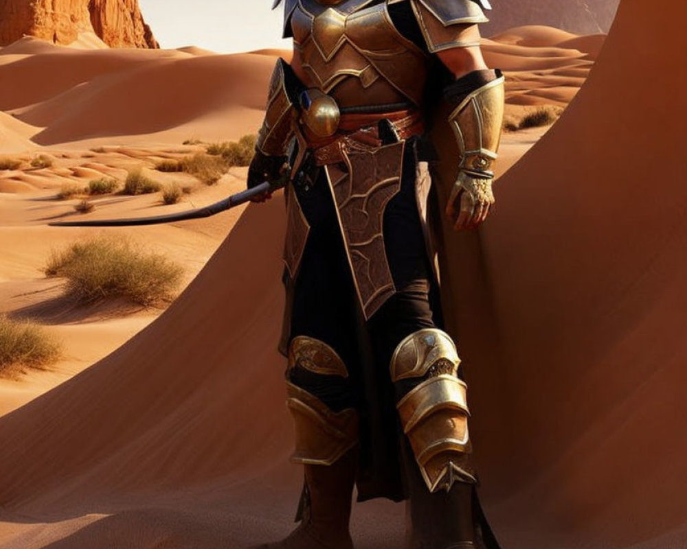 Knight in ornate armor standing in desert landscape