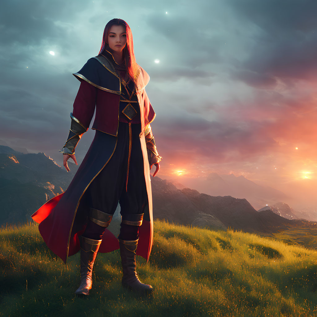 Stoic figure in red cape on grassy hill at sunrise