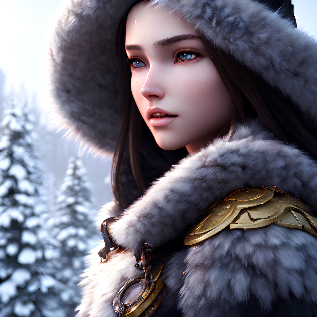 Digital art portrait of young woman in fur attire against snowy backdrop