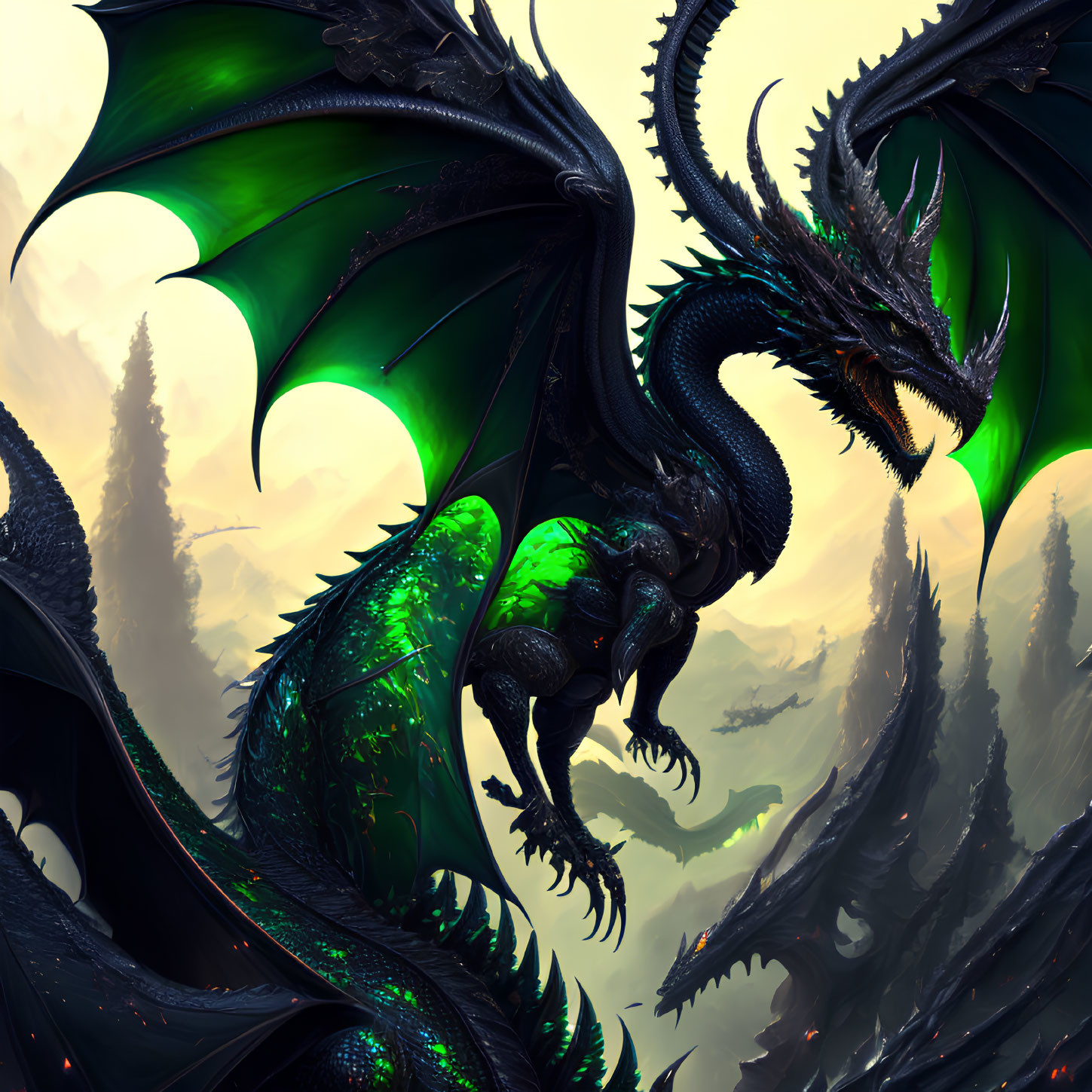 Majestic black dragon with glowing green accents in misty forest landscape