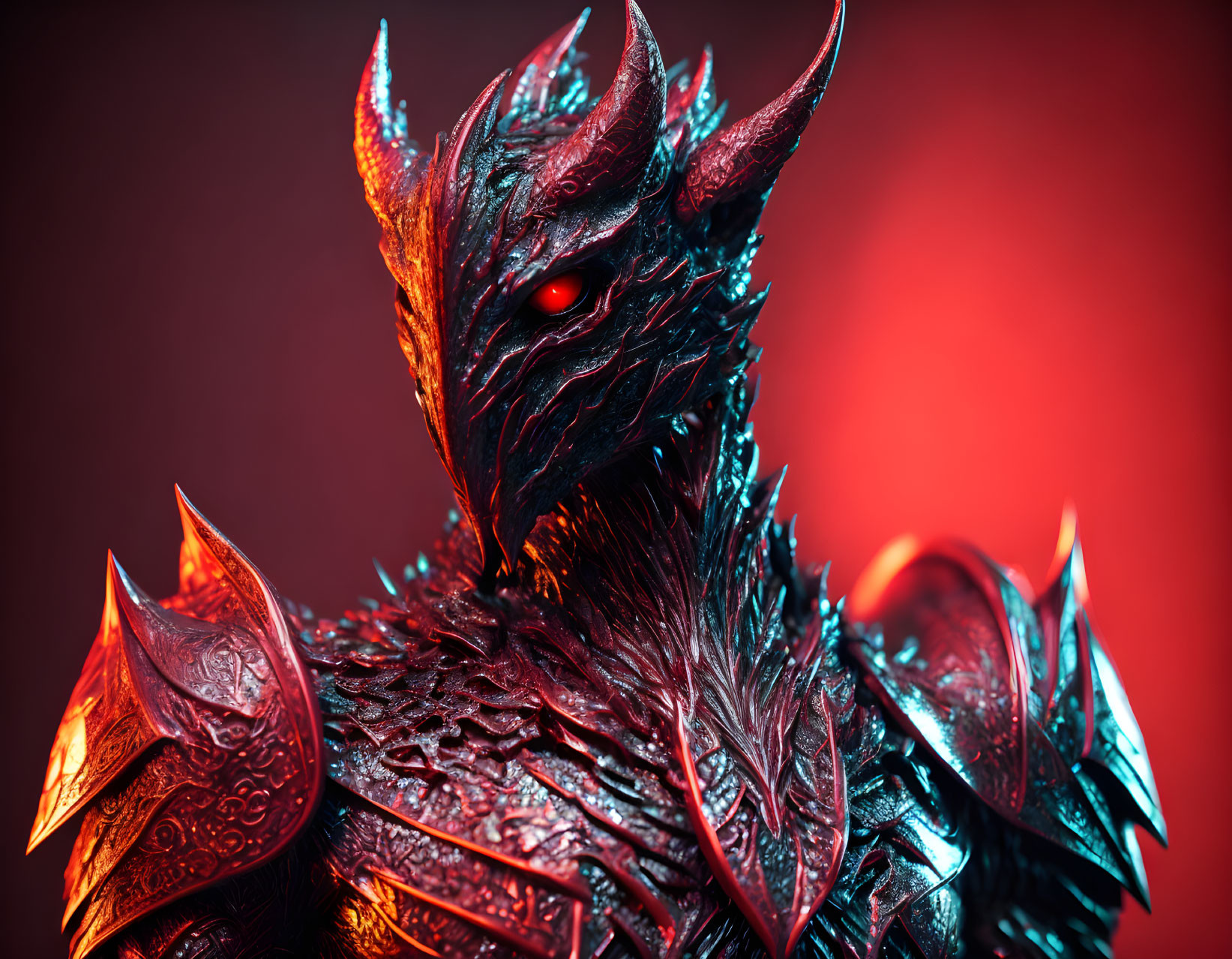 Sinister dragon-like creature with red eyes and horned head in black scaly armor under red lighting