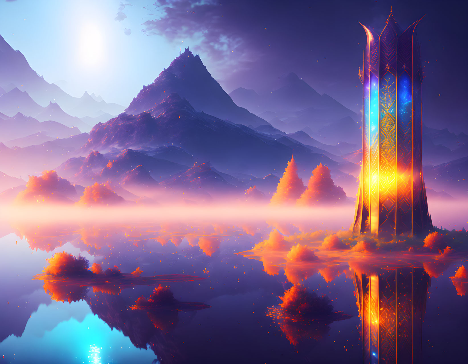 Futuristic glowing tower reflected in tranquil lake at twilight