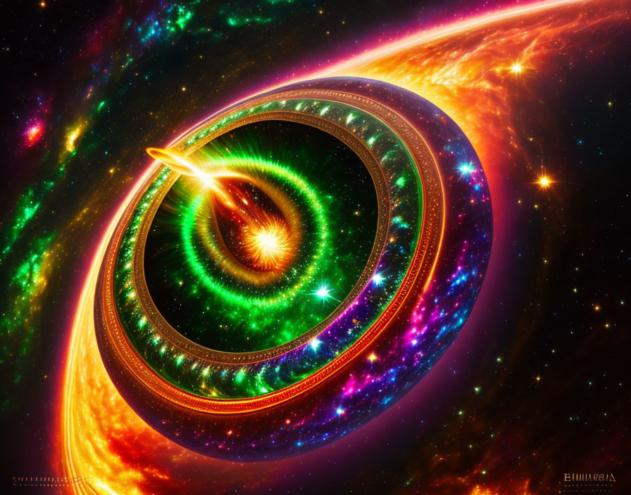 Colorful digital artwork: Spiraling structure against cosmic backdrop