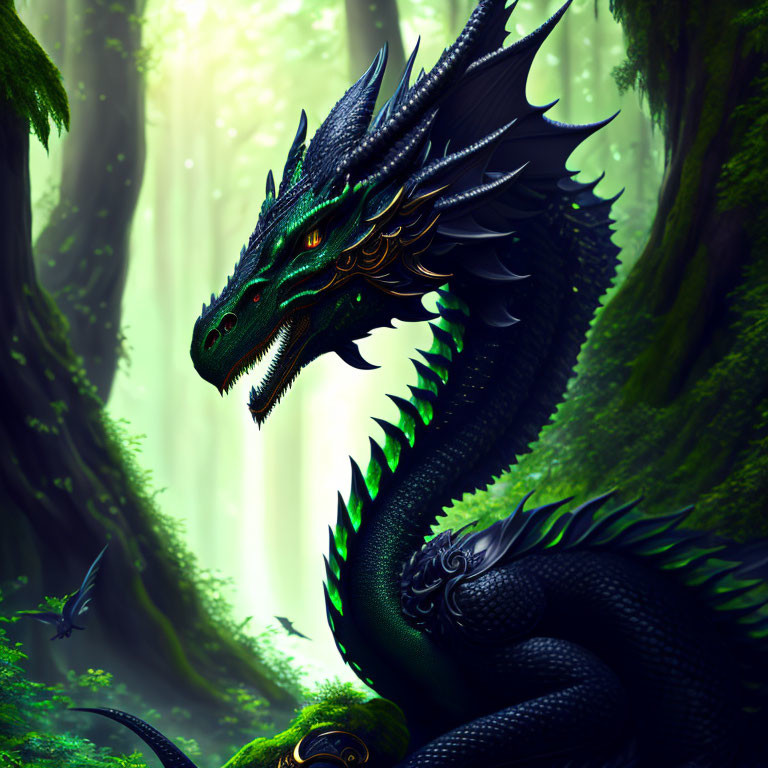 Black Dragon with Green Accents in Misty Forest with Butterfly