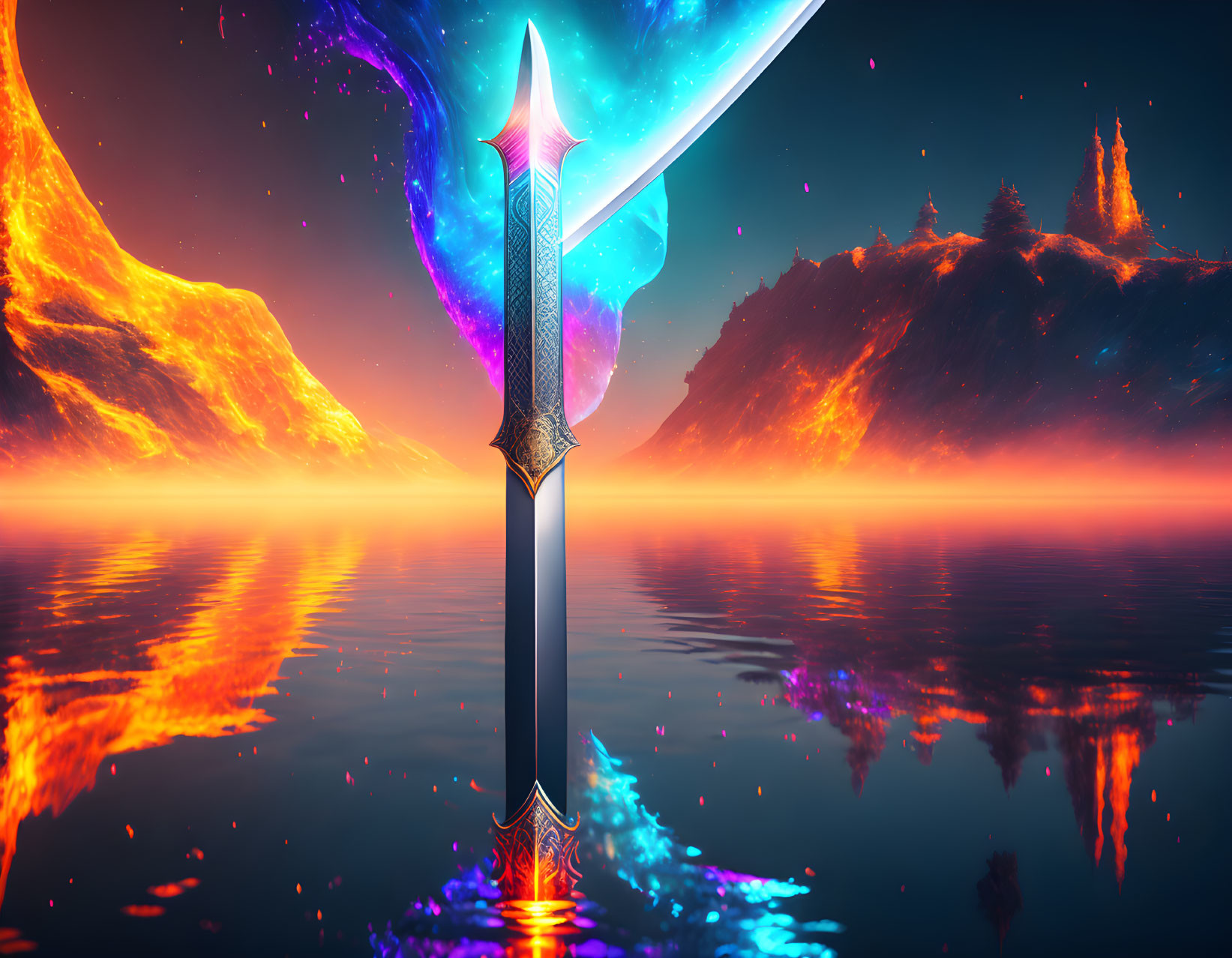 Mystical sword in reflective water with fiery mountains and cosmic sky