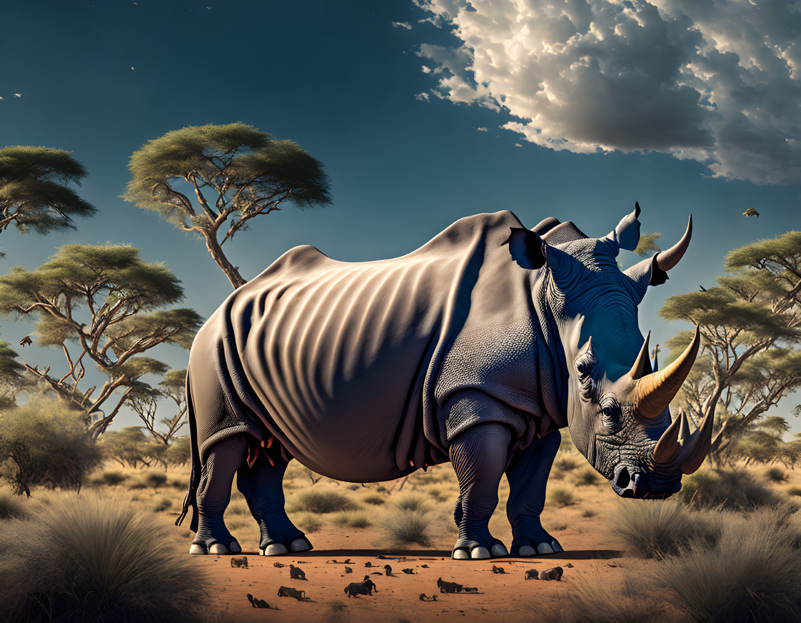 Surreal rhinoceros with draped fabric in savannah landscape