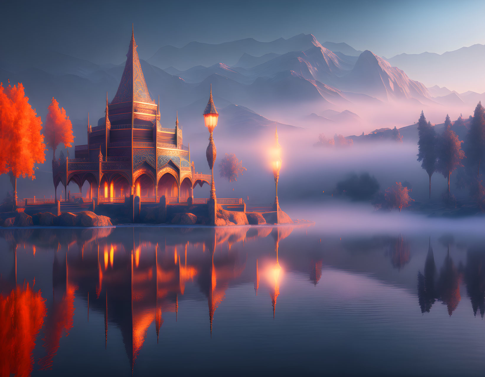 Ornate castle in serene fantasy landscape with lake, autumn trees, mist, and mountains